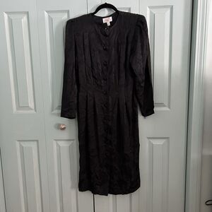 Vtg 90s Adrianna Papell Silk Black Button Front Midi Dress 10 Long Sleeve READ**